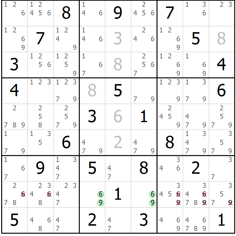 Position des candidats pour la solution de la Gr 66 page 69 du magazine de sudoku Sudoku Suprême n° 037