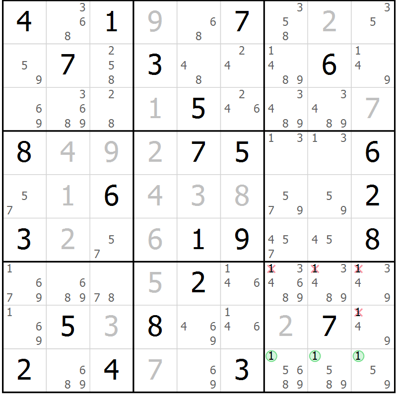Position des candidats pour la solution de la Gr 67 page 70 du magazine de sudoku Sudoku Suprême n° 037