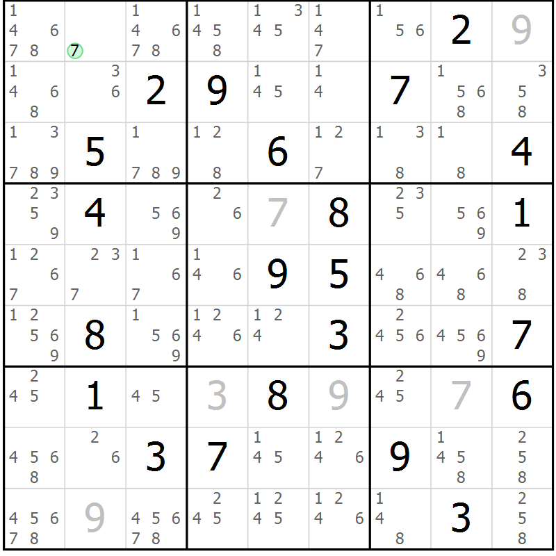 Position des candidats pour la solution de la Gr 69 page 72 du magazine de sudoku Sudoku Suprême n° 037
