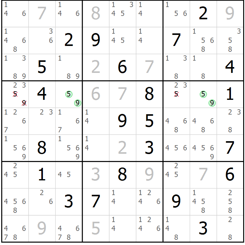 Position des candidats pour la solution de la Gr 69 page 72 du magazine de sudoku Sudoku Suprême n° 037