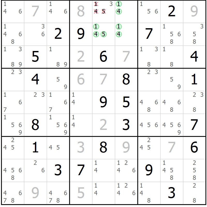 Position des candidats pour la solution de la Gr 69 page 72 du magazine de sudoku Sudoku Suprême n° 037