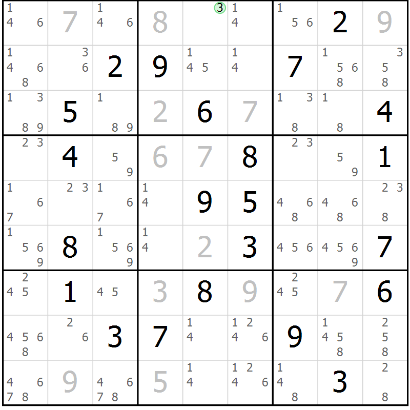 Position des candidats pour la solution de la Gr 69 page 72 du magazine de sudoku Sudoku Suprême n° 037
