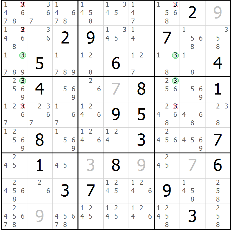 Position des candidats pour la solution de la Gr 69 page 72 du magazine de sudoku Sudoku Suprême n° 037