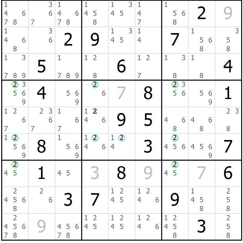 Position des candidats pour la solution de la Gr 69 page 72 du magazine de sudoku Sudoku Suprême n° 037