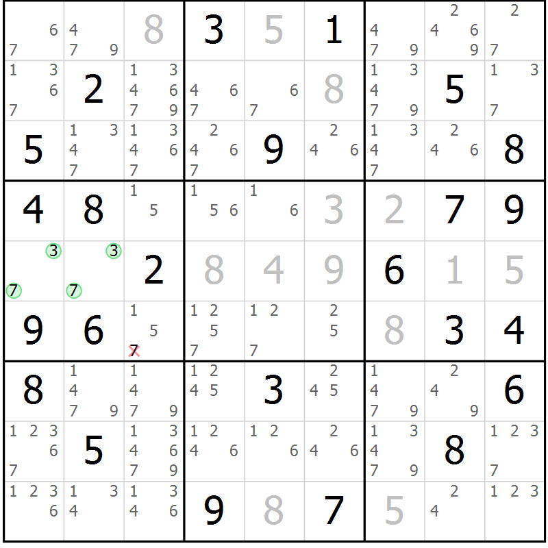 Position des candidats pour la solution de la Gr 70 page 73 du magazine de sudoku Sudoku Suprême n° 037