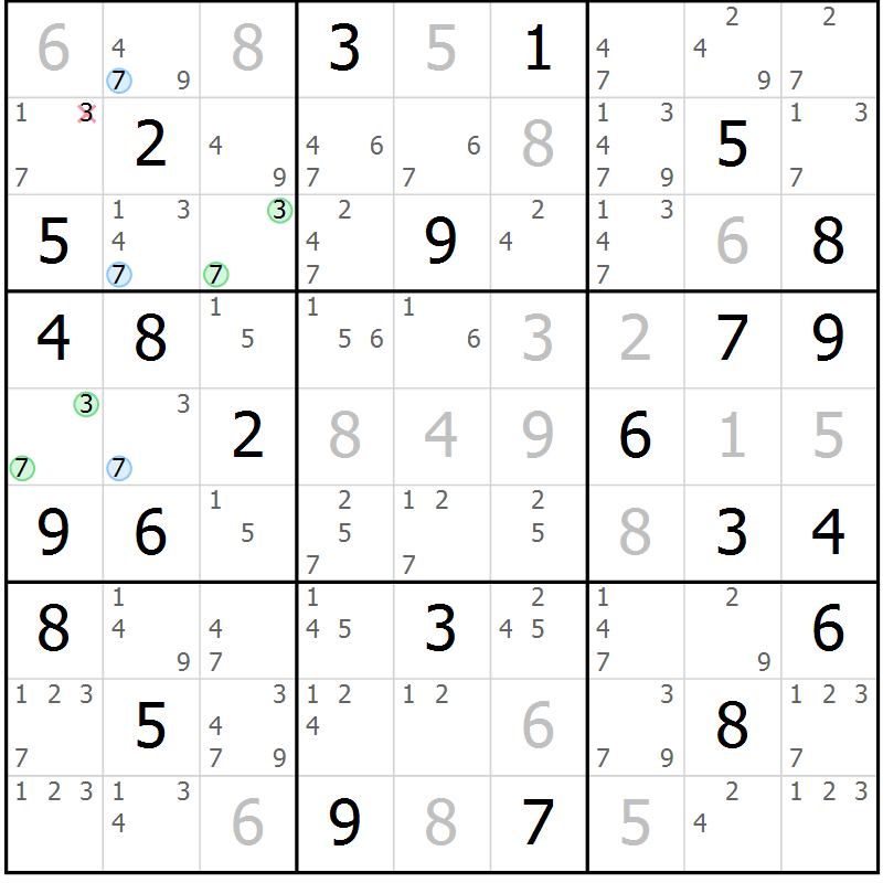 Position des candidats pour la solution de la Gr 70 page 73 du magazine de sudoku Sudoku Suprême n° 037