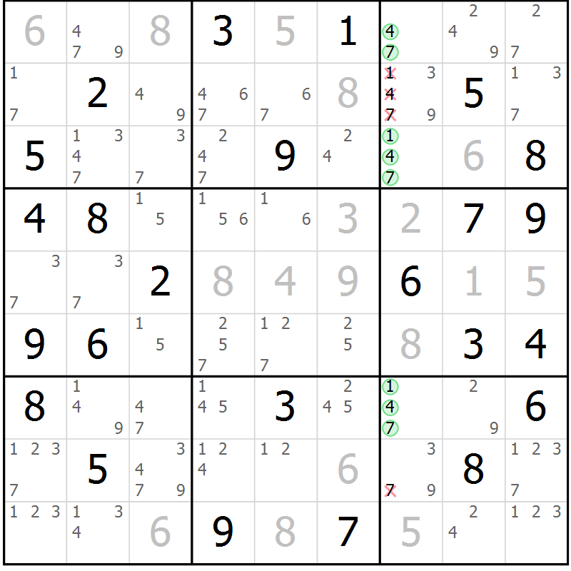 Position des candidats pour la solution de la Gr 70 page 73 du magazine de sudoku Sudoku Suprême n° 037