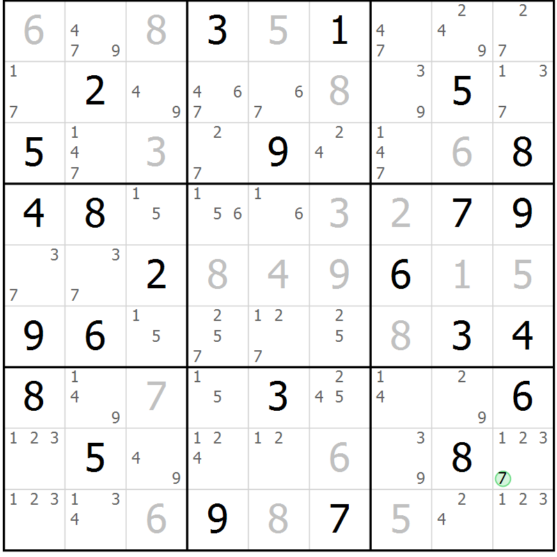 Position des candidats pour la solution de la Gr 70 page 73 du magazine de sudoku Sudoku Suprême n° 037