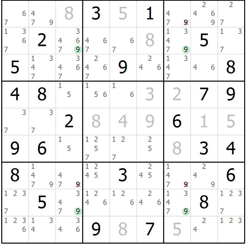Position des candidats pour la solution de la Gr 70 page 73 du magazine de sudoku Sudoku Suprême n° 037