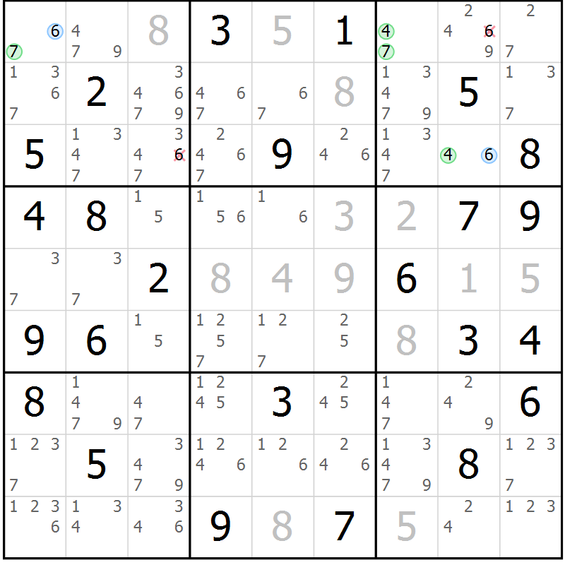 Position des candidats pour la solution de la Gr 70 page 73 du magazine de sudoku Sudoku Suprême n° 037