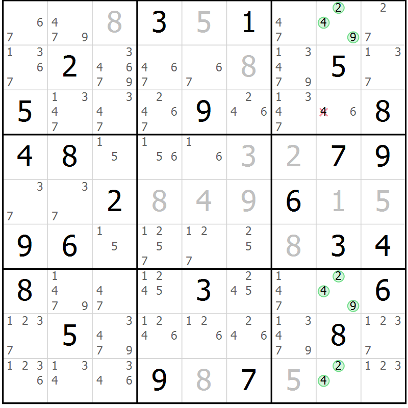 Position des candidats pour la solution de la Gr 70 page 73 du magazine de sudoku Sudoku Suprême n° 037