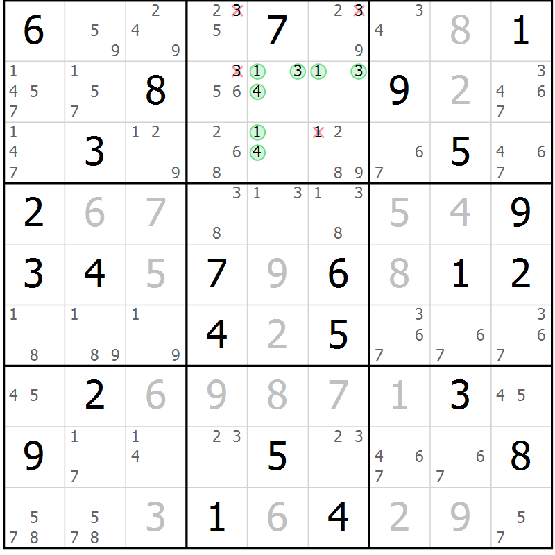 Position des candidats pour la solution de la Gr 72 page 75 du magazine de sudoku Sudoku Suprême n° 037