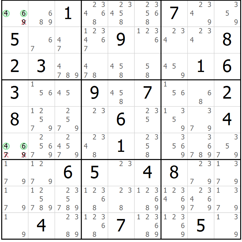 Position des candidats pour la solution de la Gr 73 page 76 du magazine de sudoku Sudoku Suprême n° 037