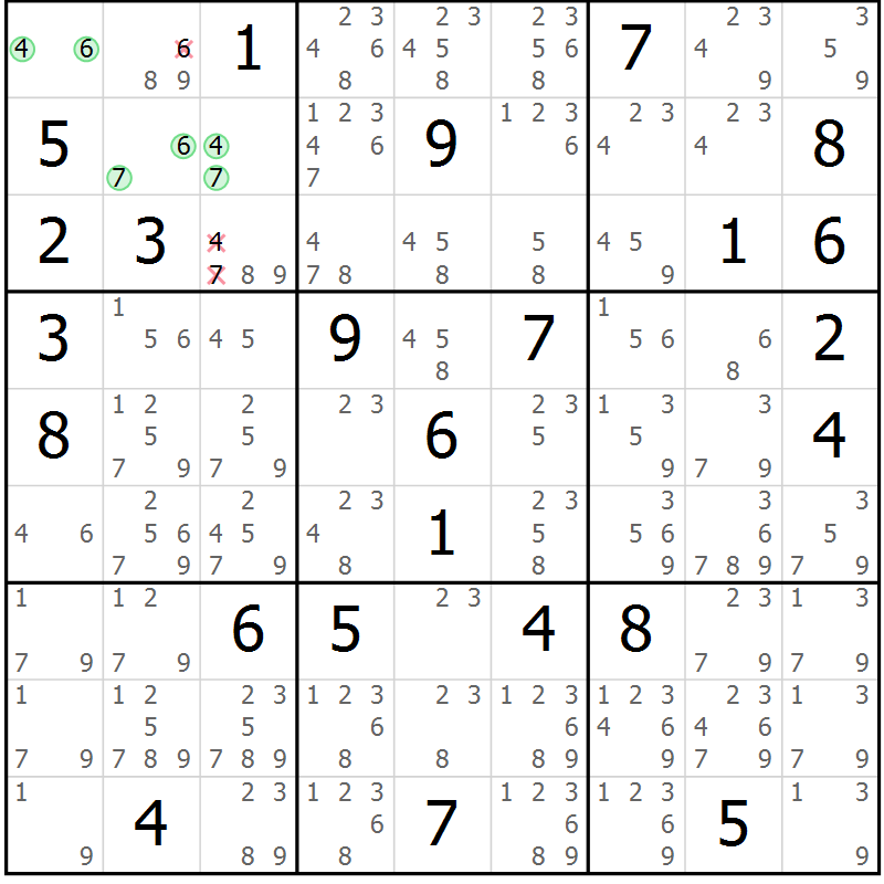 Position des candidats pour la solution de la Gr 73 page 76 du magazine de sudoku Sudoku Suprême n° 037