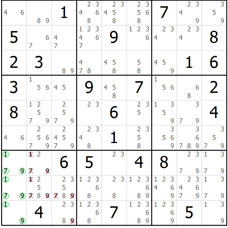 Position des candidats pour la solution de la Gr 73 page 76 du magazine de sudoku Sudoku Suprême n° 037