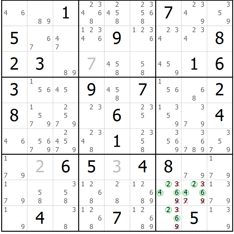 Position des candidats pour la solution de la Gr 73 page 76 du magazine de sudoku Sudoku Suprême n° 037