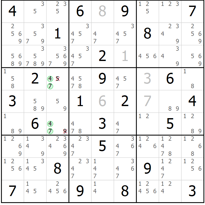 Position des candidats pour la solution de la Gr 74 page 77 du magazine de sudoku Sudoku Suprême n° 037