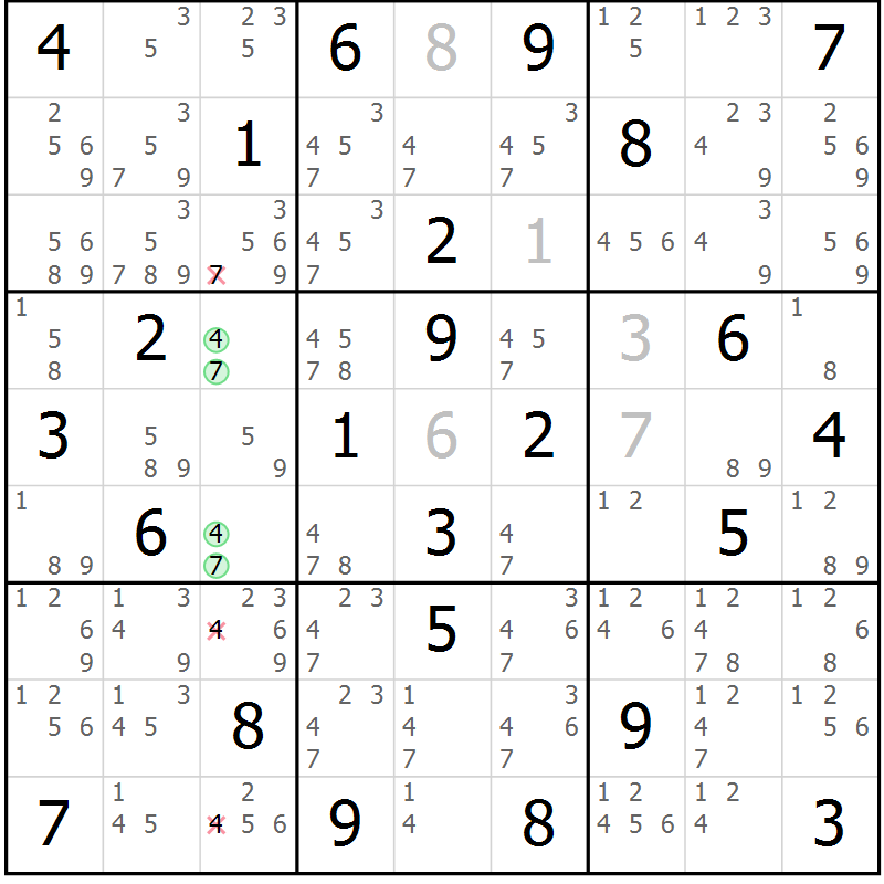 Position des candidats pour la solution de la Gr 74 page 77 du magazine de sudoku Sudoku Suprême n° 037