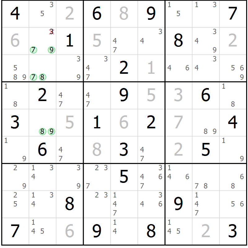 Position des candidats pour la solution de la Gr 74 page 77 du magazine de sudoku Sudoku Suprême n° 037