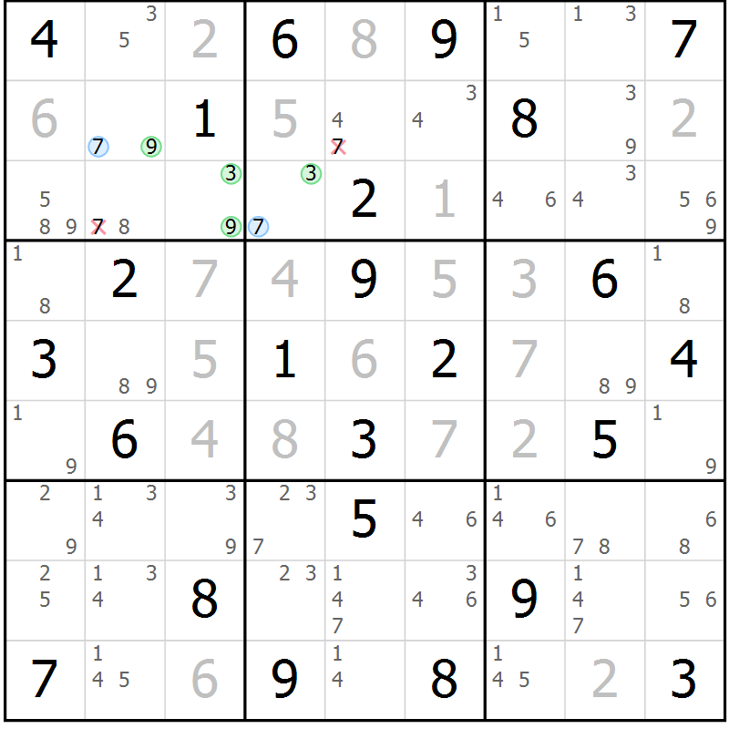 Position des candidats pour la solution de la Gr 74 page 77 du magazine de sudoku Sudoku Suprême n° 037