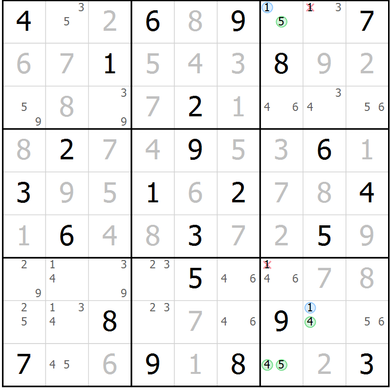 Position des candidats pour la solution de la Gr 74 page 77 du magazine de sudoku Sudoku Suprême n° 037