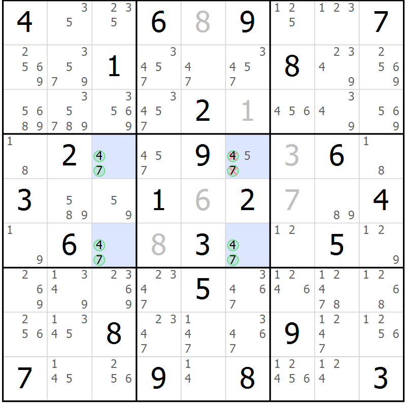 Position des candidats pour la solution de la Gr 74 page 77 du magazine de sudoku Sudoku Suprême n° 037