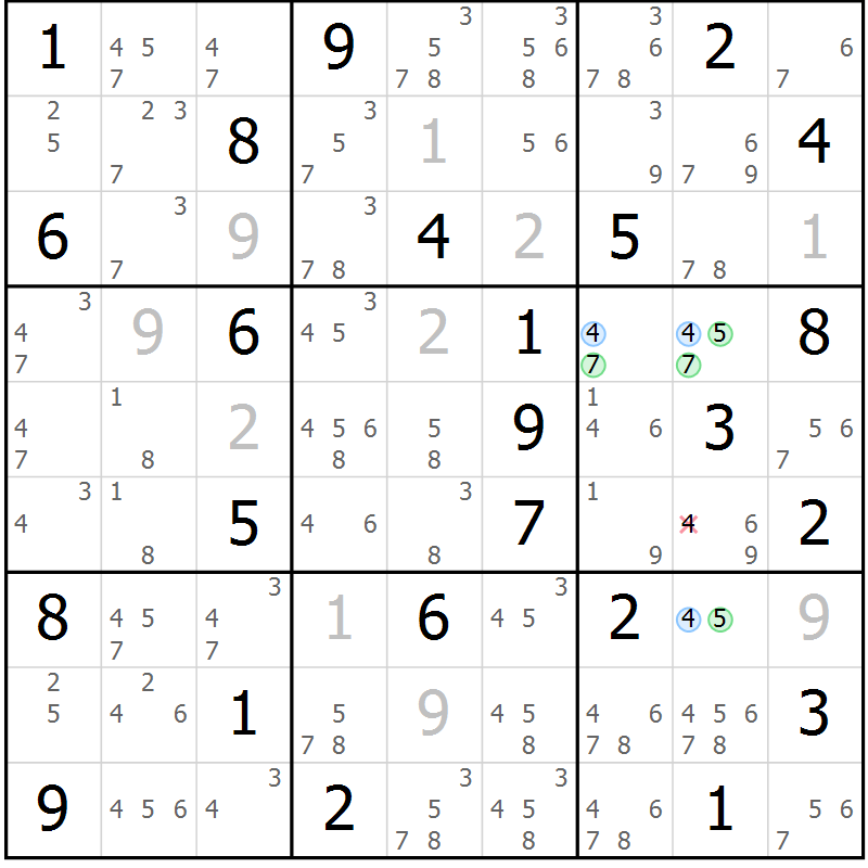 Position des candidats pour la solution de la Gr 75 page 78 du magazine de sudoku Sudoku Suprême n° 037