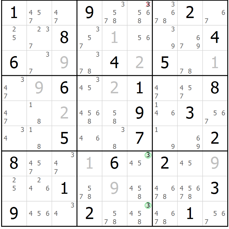 Position des candidats pour la solution de la Gr 75 page 78 du magazine de sudoku Sudoku Suprême n° 037