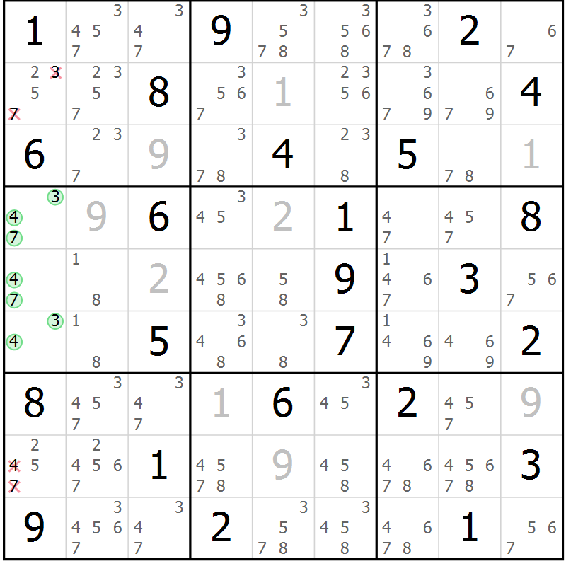 Position des candidats pour la solution de la Gr 75 page 78 du magazine de sudoku Sudoku Suprême n° 037