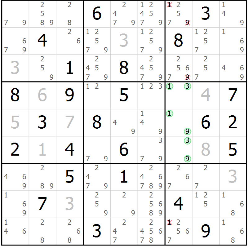 Position des candidats pour la solution de la Gr 78 page 81 du magazine de sudoku Sudoku Suprême n° 037
