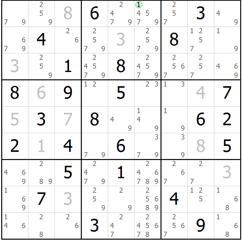 Position des candidats pour la solution de la Gr 78 page 81 du magazine de sudoku Sudoku Suprême n° 037