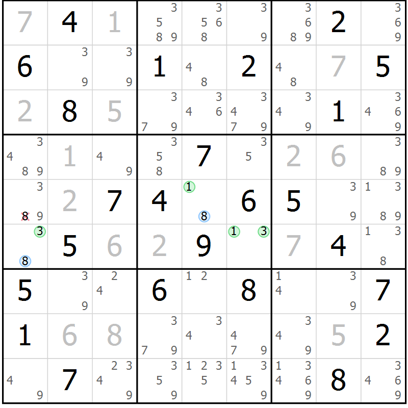 Position des candidats pour la solution de la Gr 79 page 82 du magazine de sudoku Sudoku Suprême n° 037