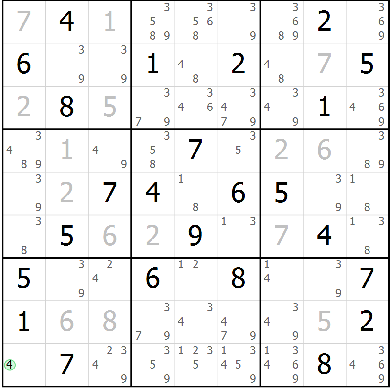 Position des candidats pour la solution de la Gr 79 page 82 du magazine de sudoku Sudoku Suprême n° 037