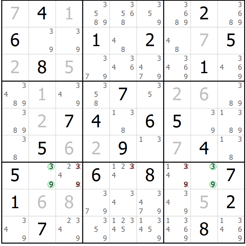Position des candidats pour la solution de la Gr 79 page 82 du magazine de sudoku Sudoku Suprême n° 037