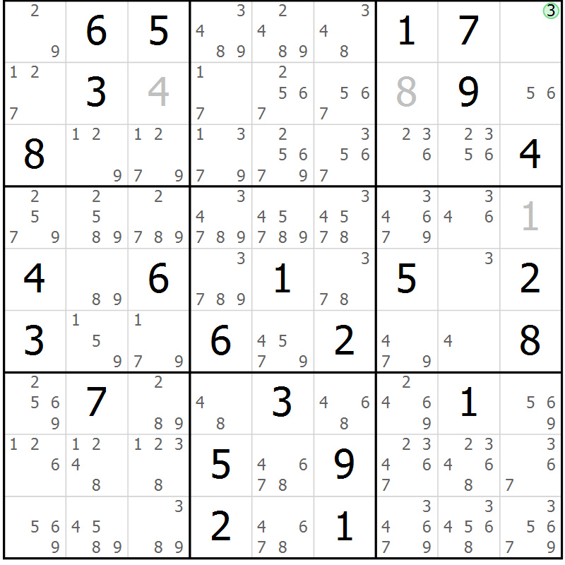 Position des candidats pour la solution de la Gr 80 page 83 du magazine de sudoku Sudoku Suprême n° 037
