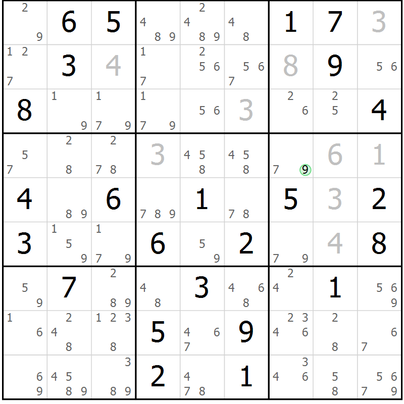 Position des candidats pour la solution de la Gr 80 page 83 du magazine de sudoku Sudoku Suprême n° 037