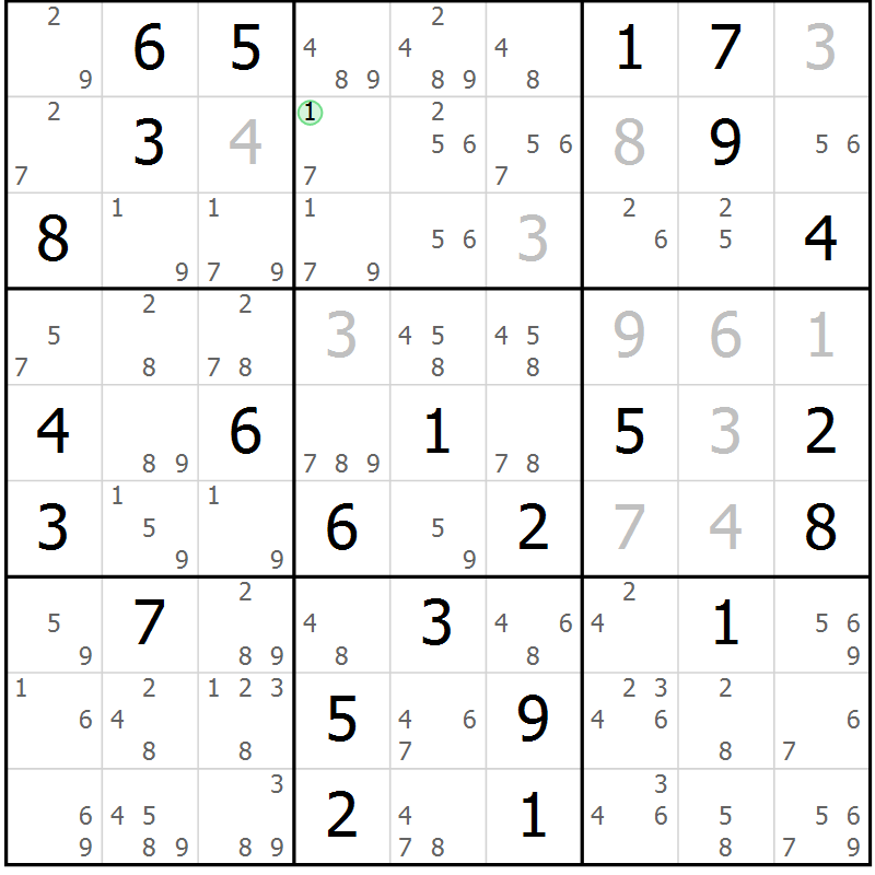 Position des candidats pour la solution de la Gr 80 page 83 du magazine de sudoku Sudoku Suprême n° 037