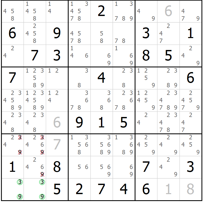 Position des candidats pour la solution de la Gr 81 page 84 du magazine de sudoku Sudoku Suprême n° 037