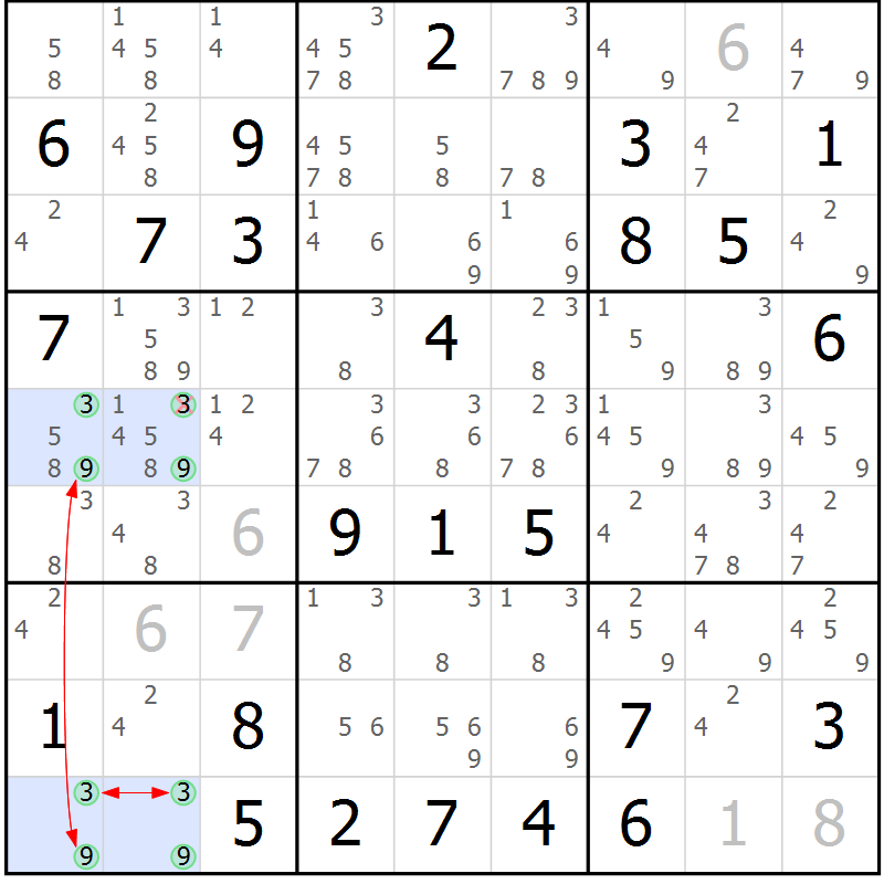 Position des candidats pour la solution de la Gr 81 page 84 du magazine de sudoku Sudoku Suprême n° 037