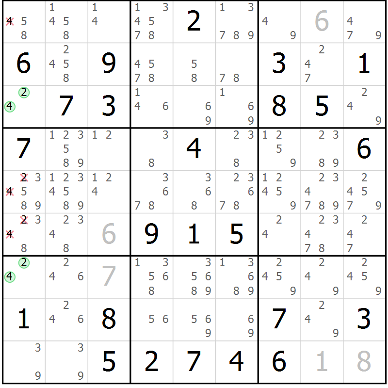 Position des candidats pour la solution de la Gr 81 page 84 du magazine de sudoku Sudoku Suprême n° 037