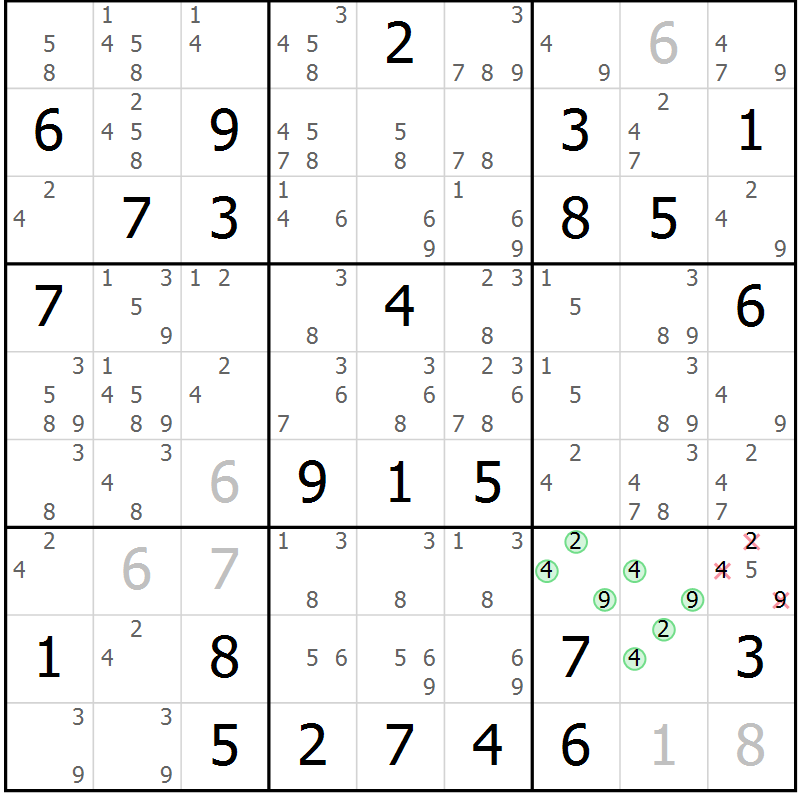 Position des candidats pour la solution de la Gr 81 page 84 du magazine de sudoku Sudoku Suprême n° 037