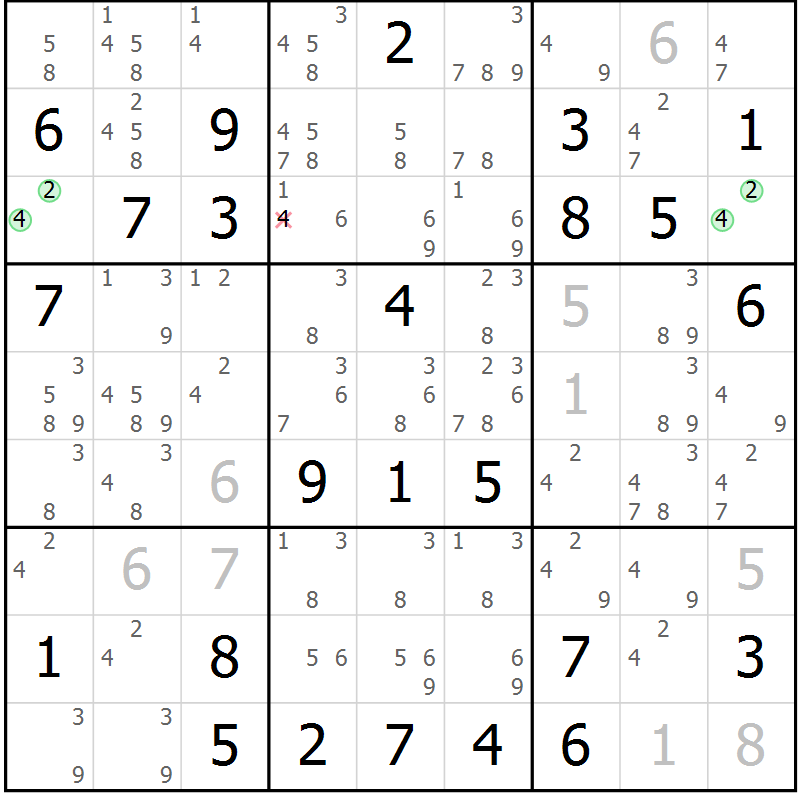 Position des candidats pour la solution de la Gr 81 page 84 du magazine de sudoku Sudoku Suprême n° 037