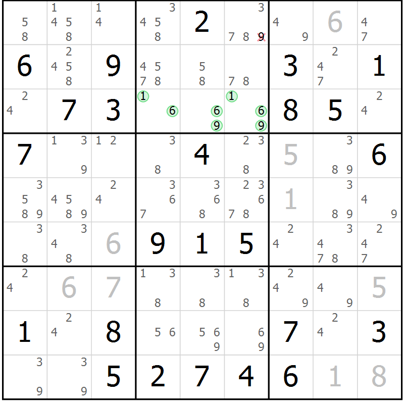Position des candidats pour la solution de la Gr 81 page 84 du magazine de sudoku Sudoku Suprême n° 037