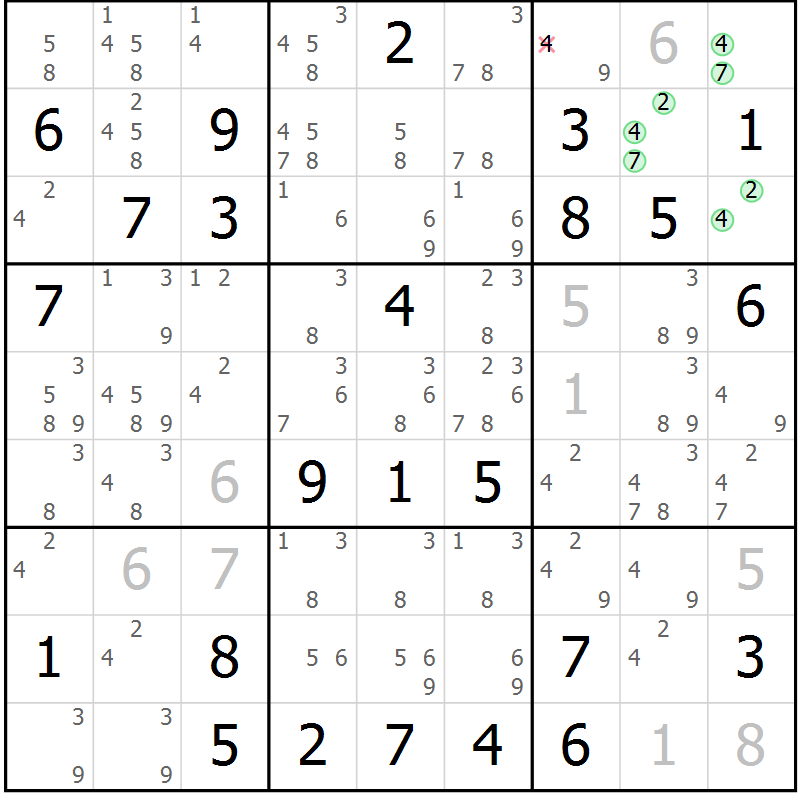 Position des candidats pour la solution de la Gr 81 page 84 du magazine de sudoku Sudoku Suprême n° 037