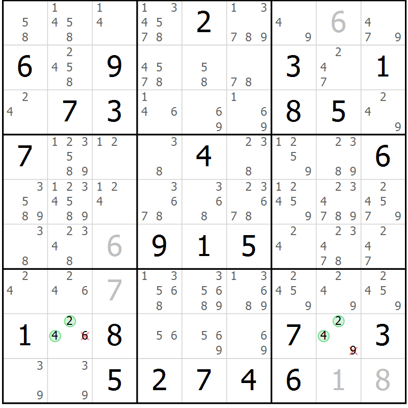 Position des candidats pour la solution de la Gr 81 page 84 du magazine de sudoku Sudoku Suprême n° 037