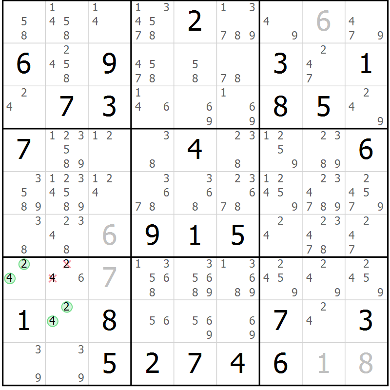 Position des candidats pour la solution de la Gr 81 page 84 du magazine de sudoku Sudoku Suprême n° 037