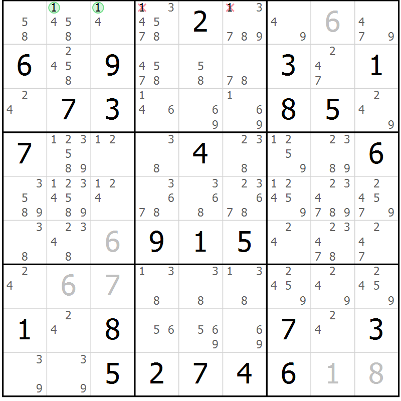 Position des candidats pour la solution de la Gr 81 page 84 du magazine de sudoku Sudoku Suprême n° 037