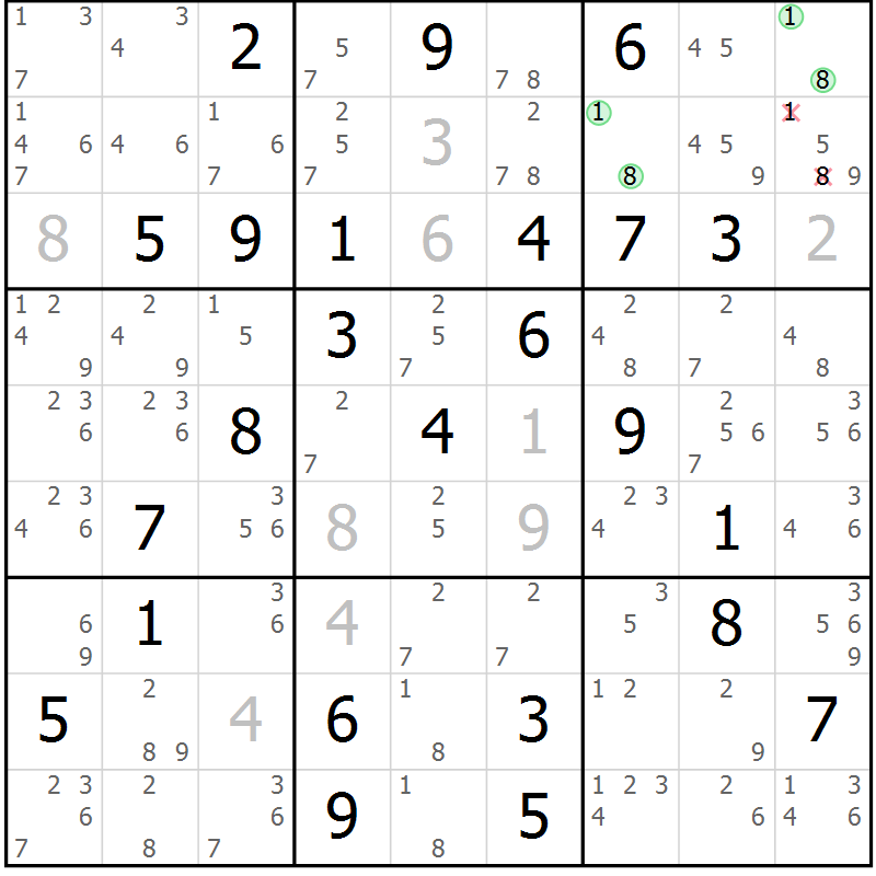 Position des candidats pour la solution de la Gr 82 page 85 du magazine de sudoku Sudoku Suprême n° 037