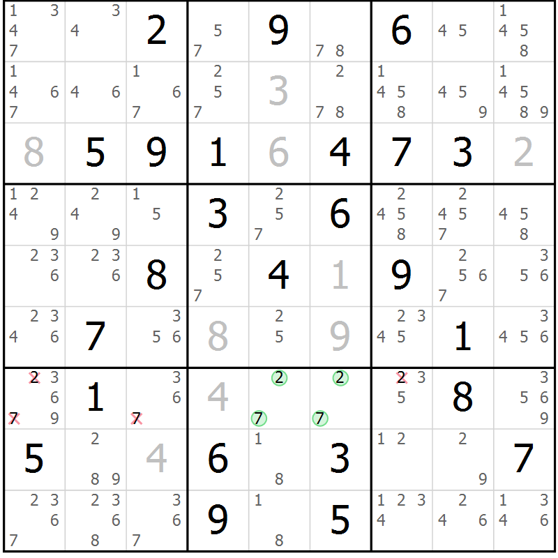 Position des candidats pour la solution de la Gr 82 page 85 du magazine de sudoku Sudoku Suprême n° 037