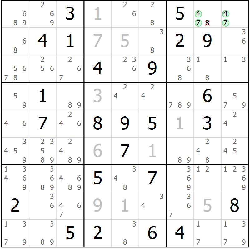 Position des candidats pour la solution de la Gr 84 page 87 du magazine de sudoku Sudoku Suprême n° 037